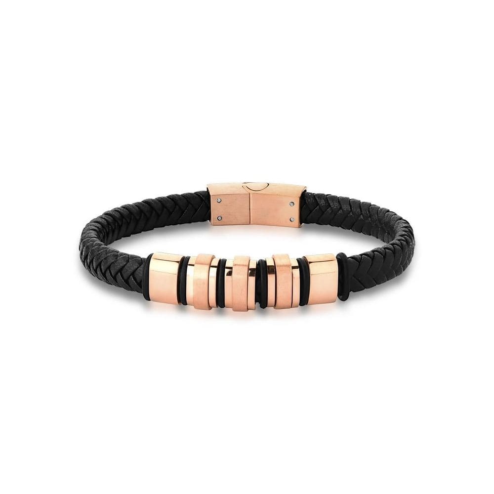 Pulseira Masculina Courino Preto Trançado E Stoppers Em Aço