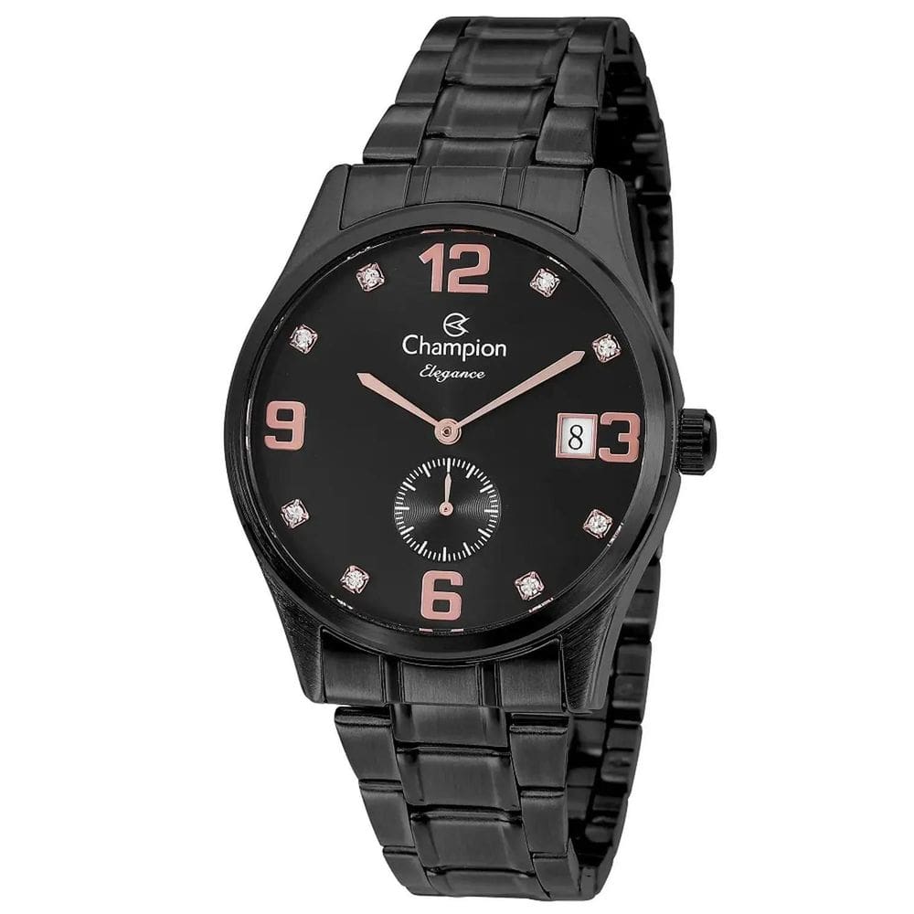 Relógio Champion Feminino Preto Com Pedras Data