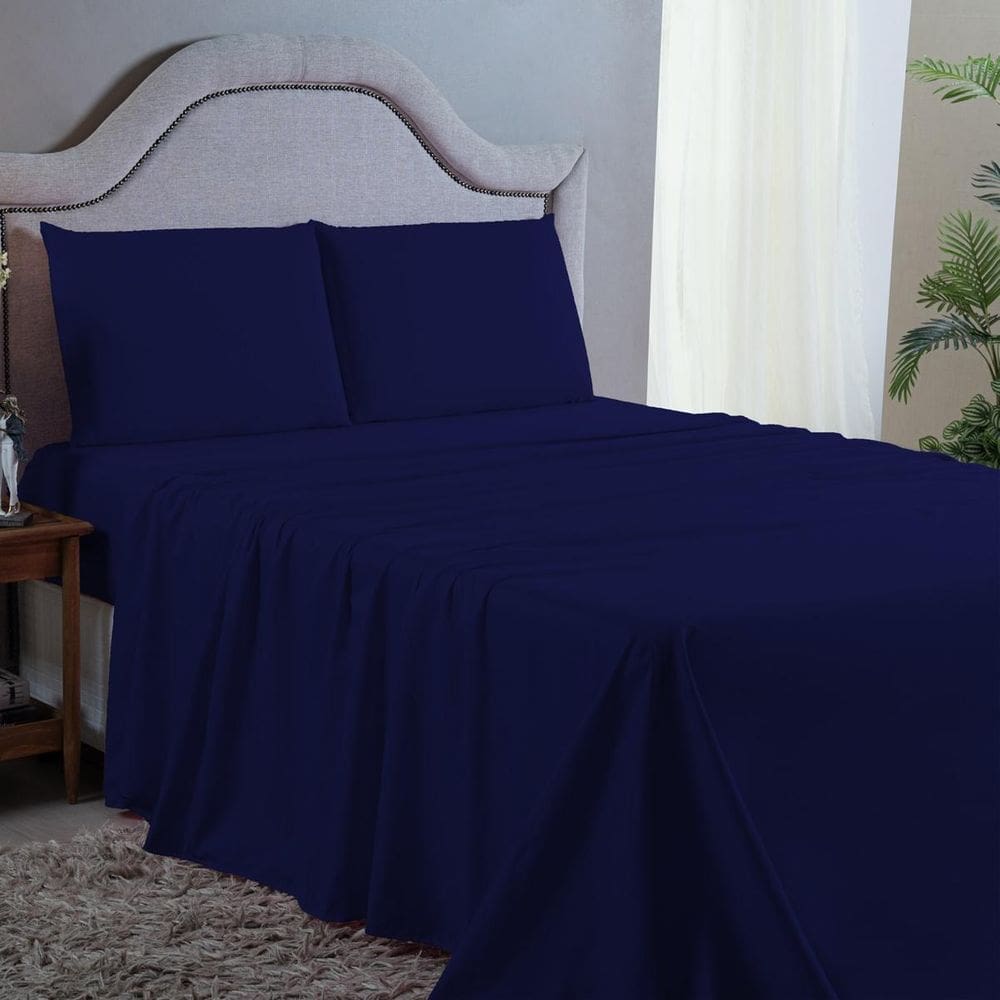 Roupa de Cama Casal 4 pç Premium Percal 400 Fios Azul Escuro