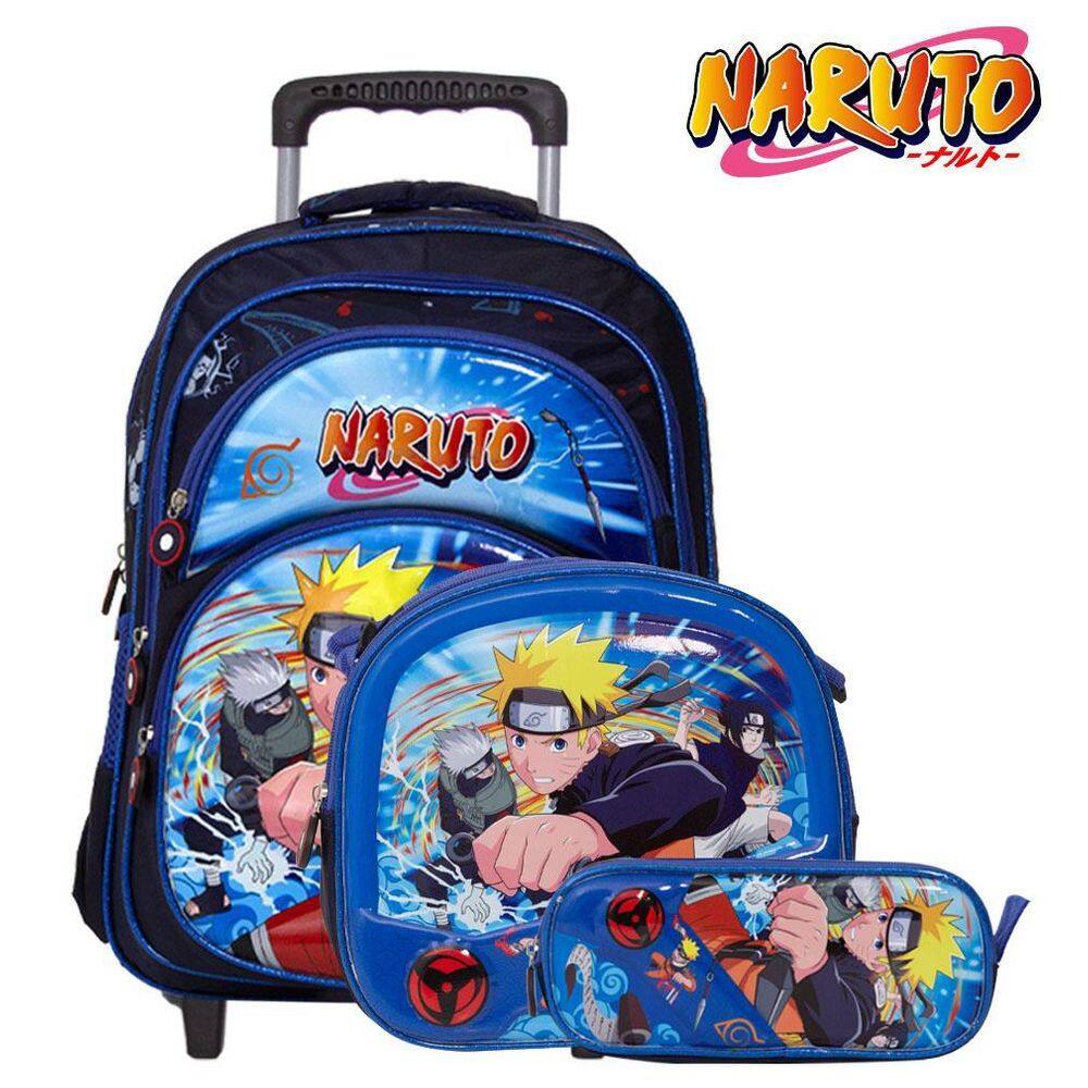 Mochila Infantil De Rodinhas Naruto Grande Lancheira Estojo