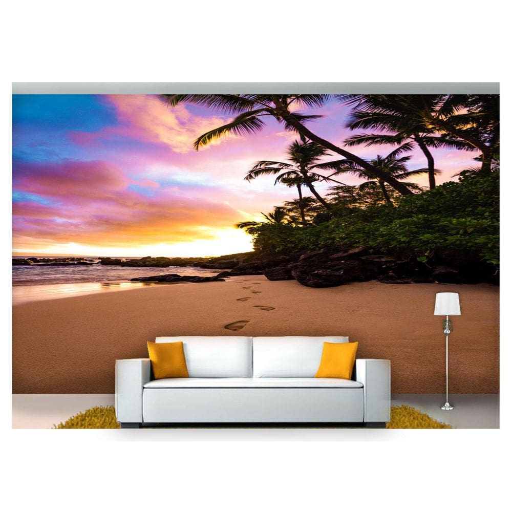 Papel De Parede Praia Mar Por Do Sol Coqueiro Npr235