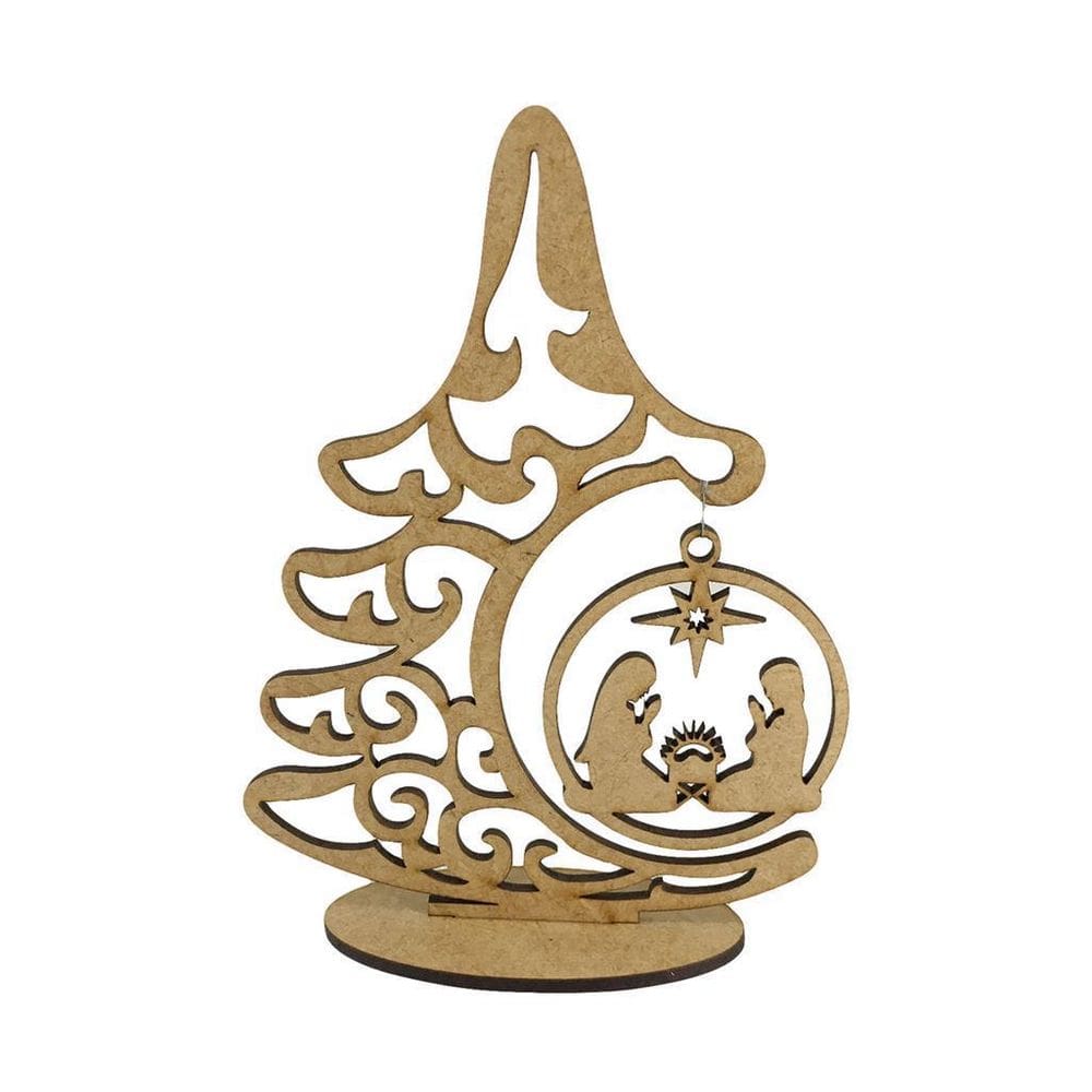 Aplique Laser Mdf Árvore Natal Com Base E Bola Natal 14cm