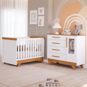 Quarto Bebê Retrô Janelado Completo Berço Americano 2 Em 1 Cômoda 4 Gavetas 1 Porta 100% MDF Móveis Peroba