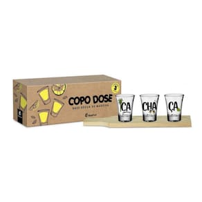 Conjunto 3 Copos Dose Shot E Regua Madeira Cachaça