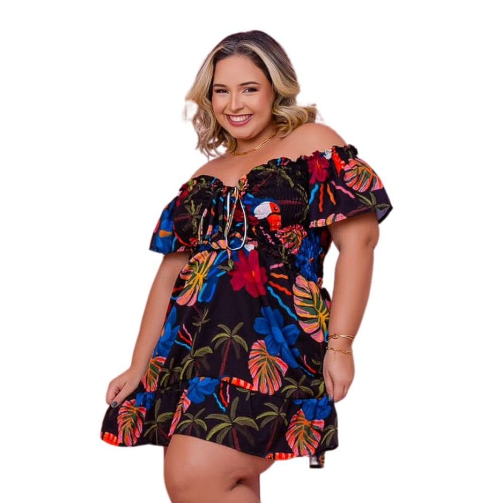 Vestido Plus Size Ombro a Ombro de Babado Elastec 0556