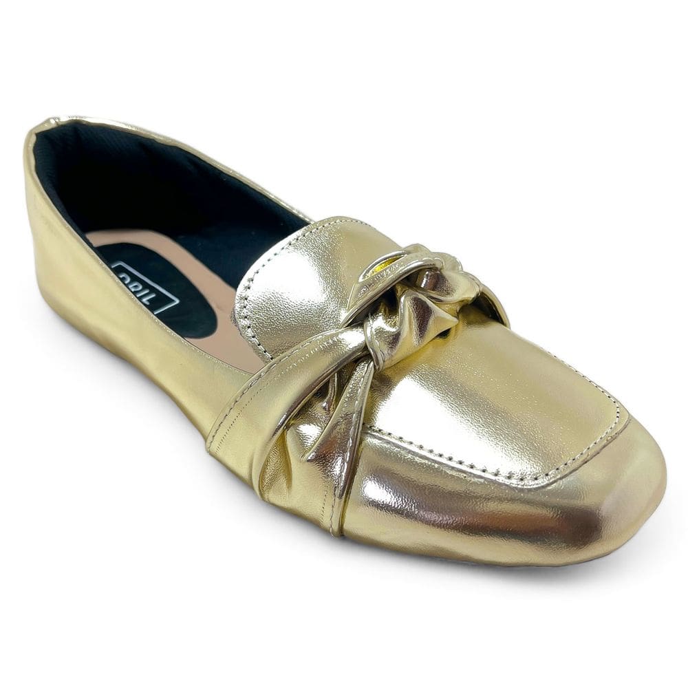 Mocassim Sapatilha Feminino Metalizado Bico Quadrado Detalhe Nó Dourado