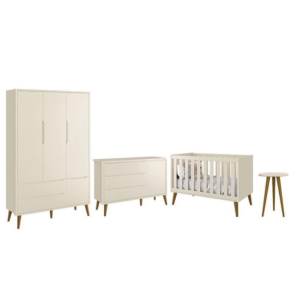 Dormitório Infantil Theo Retrô 3 Portas, Cômoda 1 Porta, Berço e Mesa de Apoio com Pés Amadeirado - Reller Móveis