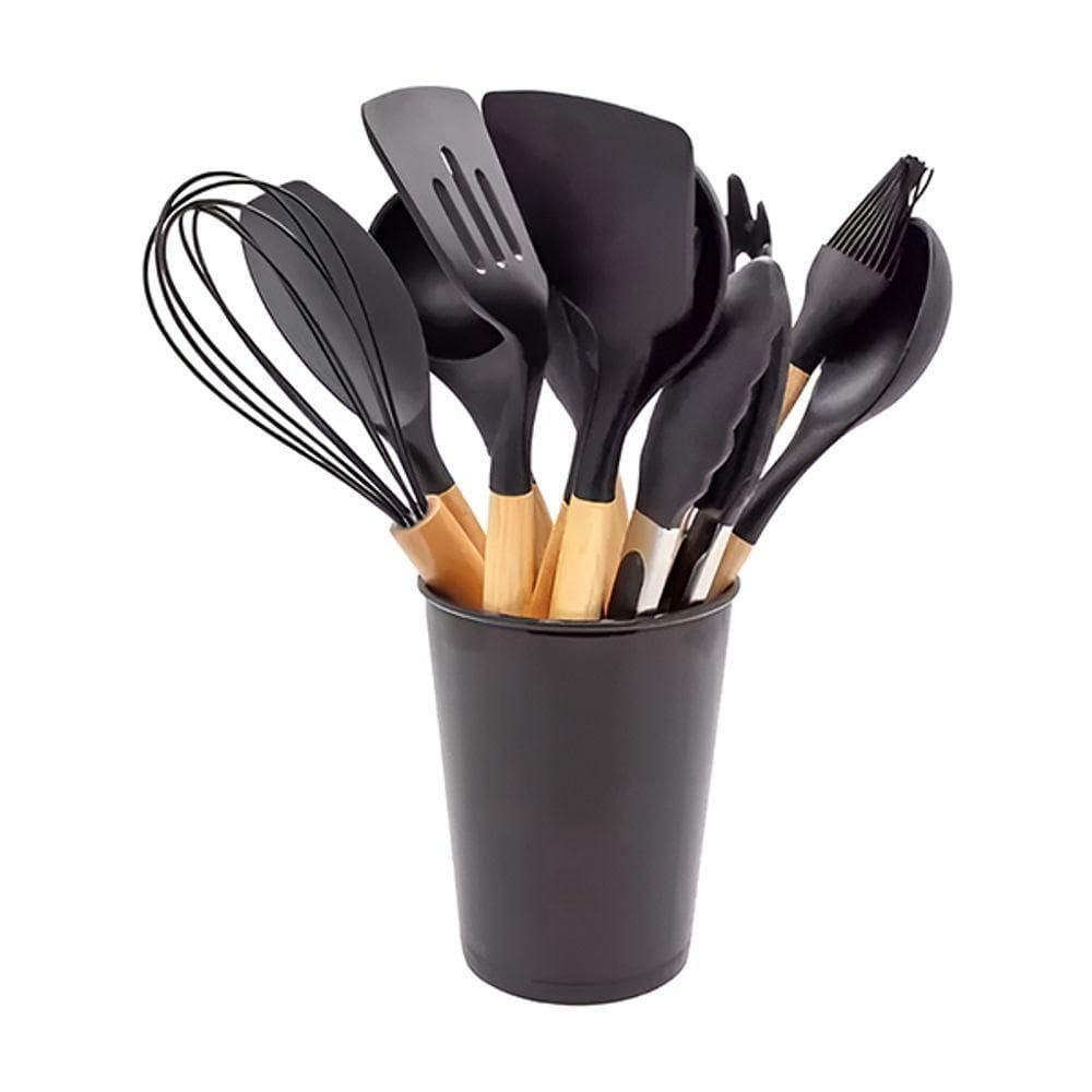 Kit 12 Utensílios Jogo De Cozinha De Silicone Com Espatulas Pincel Batedor Manual - Preto