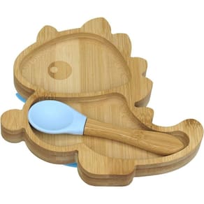 Prato Infantil Criança Bebê Com Colher E Ventosa Home&co Dinossauro Bambu 3x18x18cm Natural