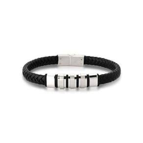 Pulseira Masculina Courino Preto Trançado E Stoppers Em Aço