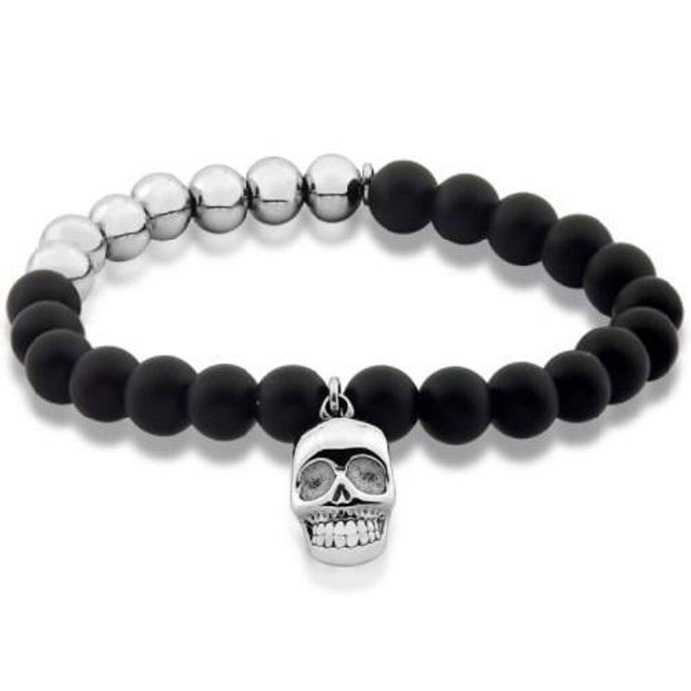 Pulseira Masculina Pedras Vulcânicas Caveira Em Aço
