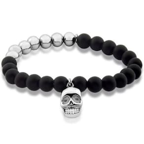 Pulseira Masculina Pedras Vulcânicas Caveira Em Aço