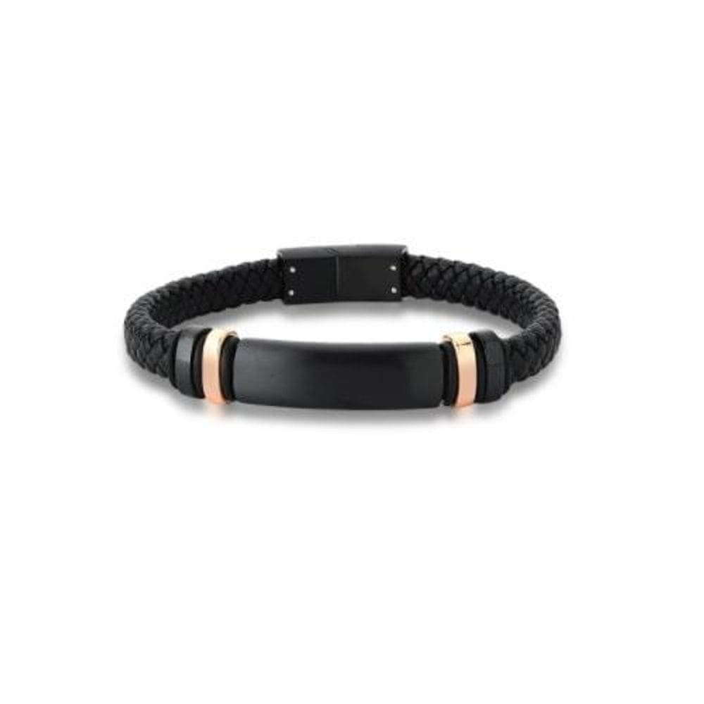 Pulseira Masculina Courino Trançado E Placa Negra Em Aço