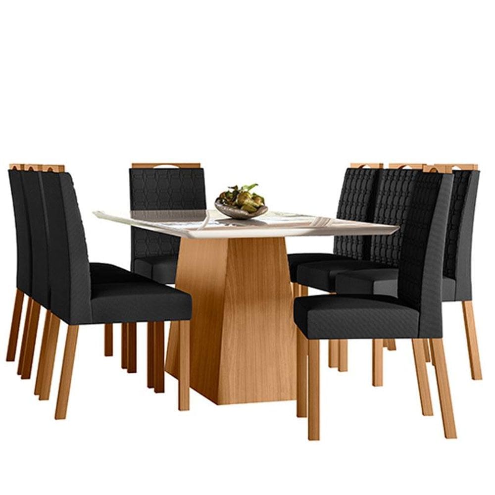 Mesa de Jantar 180cm Bárbara com Vidro Ype Off White e 8 Cadeiras Mariana Ype Veludo Preto - New Ceval