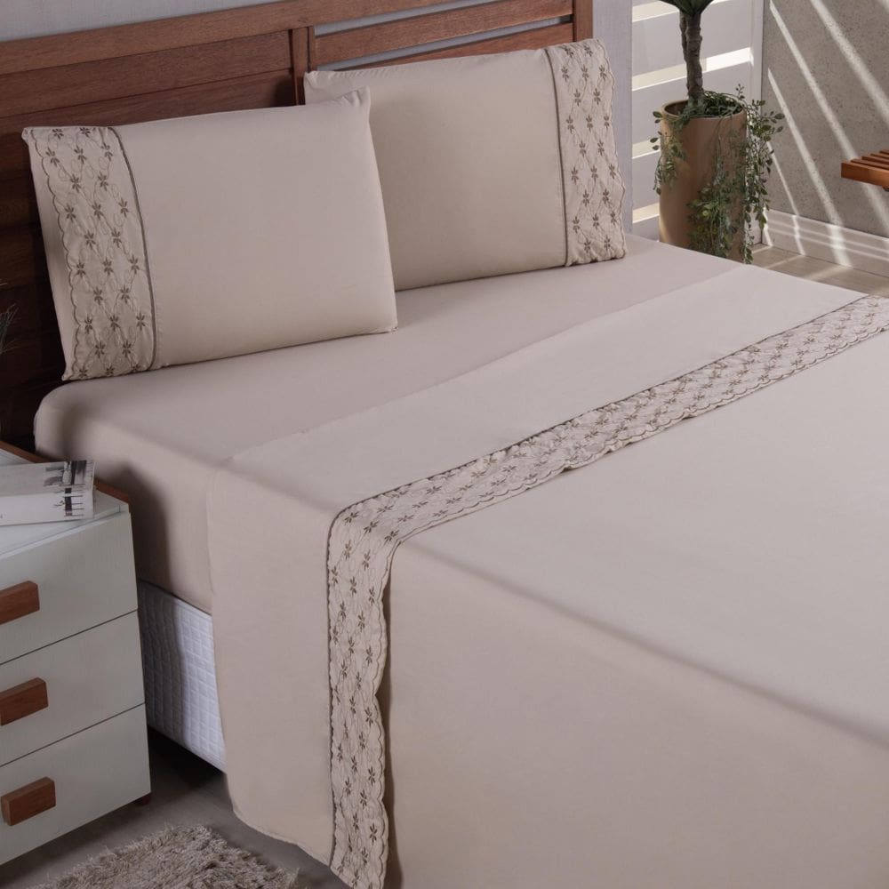 Kit Lençol Casal 04 Peças Percal 400 Fios Jogo De Cama Avelã