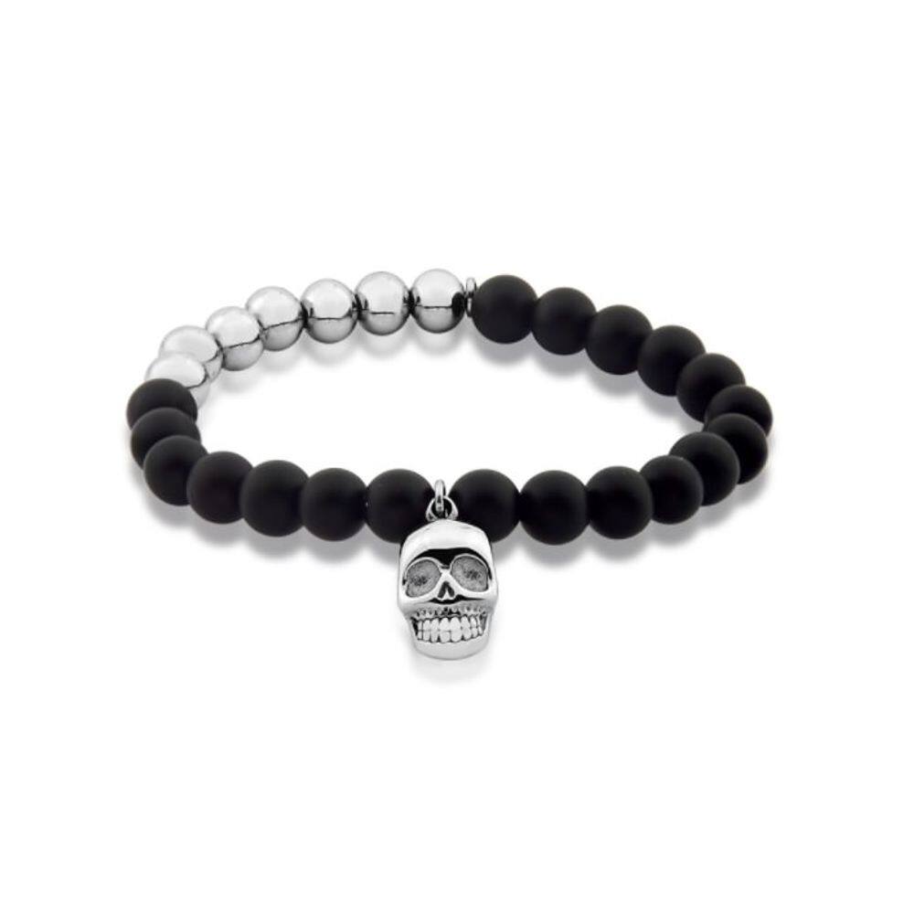 Pulseira com Pedras Vulcânicas e Pingente Caveira em Aço