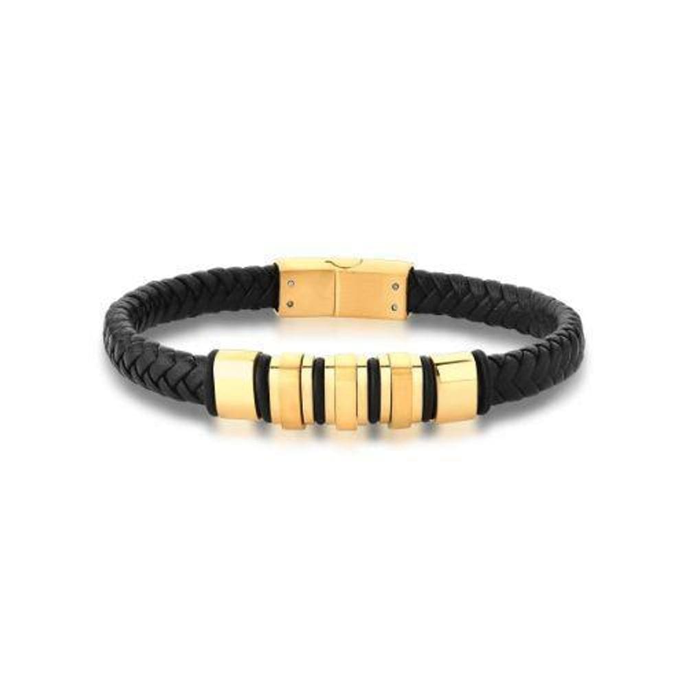 Pulseira Masculina Courino Preto Trançado E Stoppers Em Aço