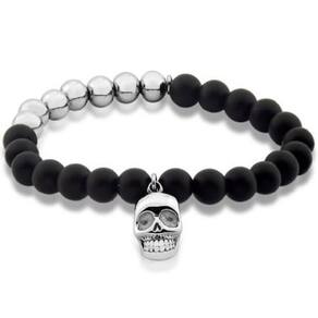Pulseira Masculina Pedras Vulcânicas Caveira Em Aço