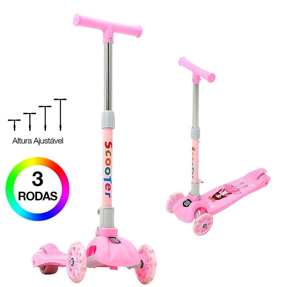 Patinete Infantil 3 Rodas Dobrável E Altura Ajustável Rosa