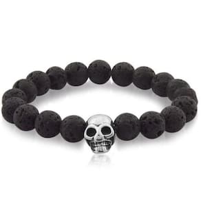 Pulseira Masculina Pedras Vulcânicas E Pingente Caveira Em