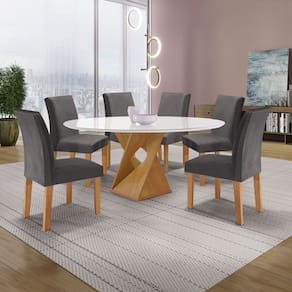 Conjunto Mesa Barcelona 120cmx120cm 6 Cadeiras Espanha Tampo Plus Redondo Vidro Yescasa Cinamomo/Off White/Cinza