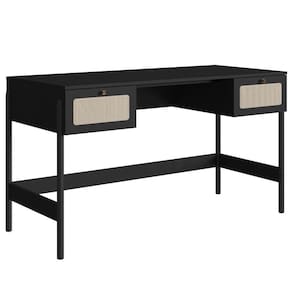 Escrivaninha 2 Gavetas Oslo Artesano 139cm (largura) MDP Nero Palha Sintética Bege Pé Madeira Maciça
