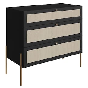 Cômoda 3 Gavetas Oslo Artesano 93 cm (largura) em MDP Nero Palha Sintética Bege Pé Metal Dourado