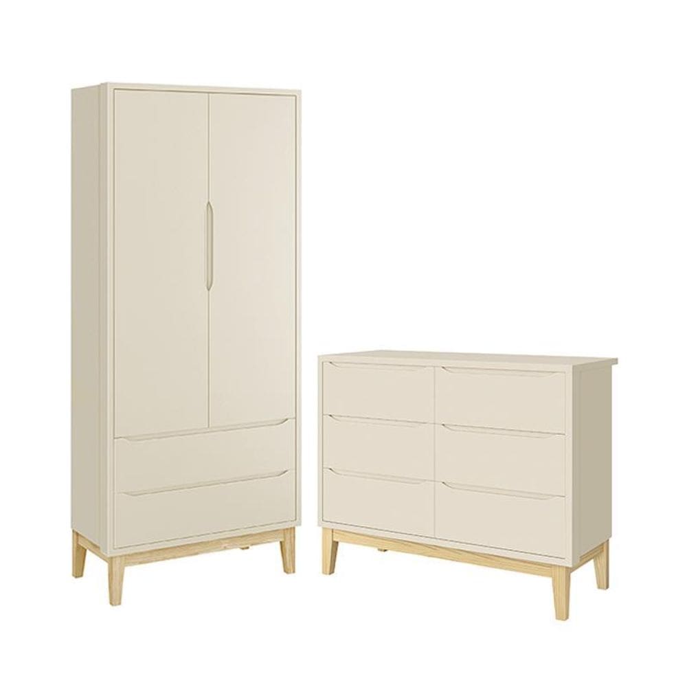 Jogo de Quarto Infantil Classic Guarda Roupa 2 Portas e Cômoda 6 Gavetas com Pés Madeira Natural- Reller Móveis
