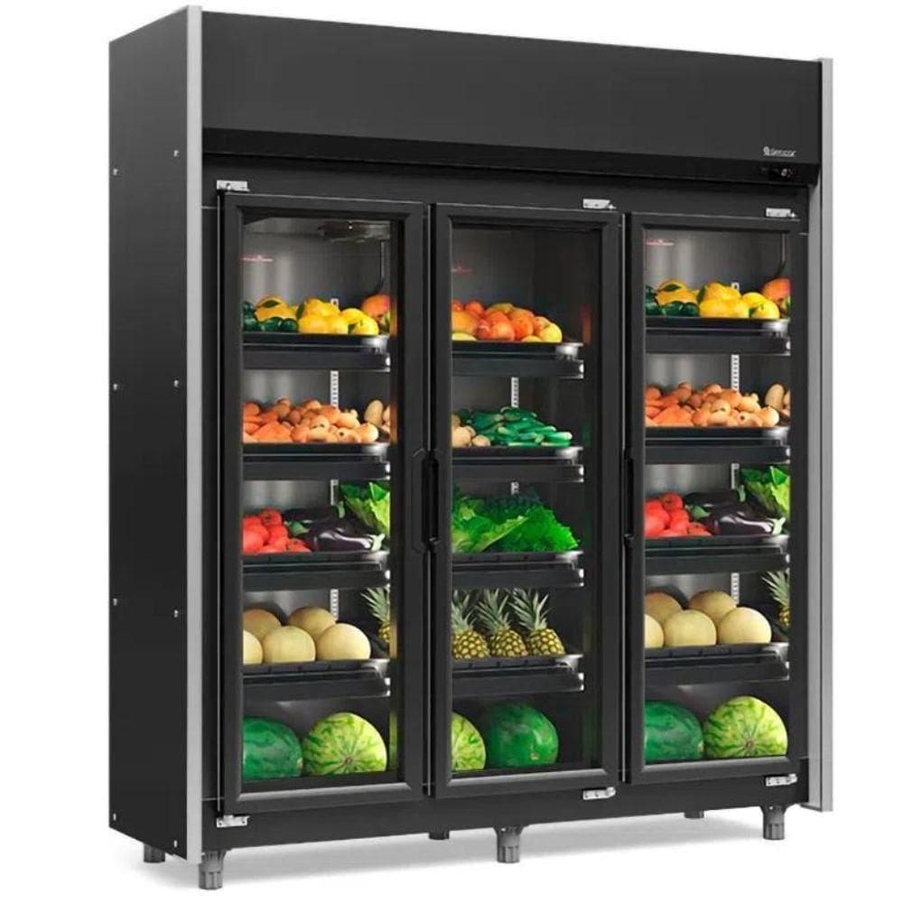 Expositor Vertical Hortifruti 3 Portas De Vidro Geas3plb Gelopar All Black 220v