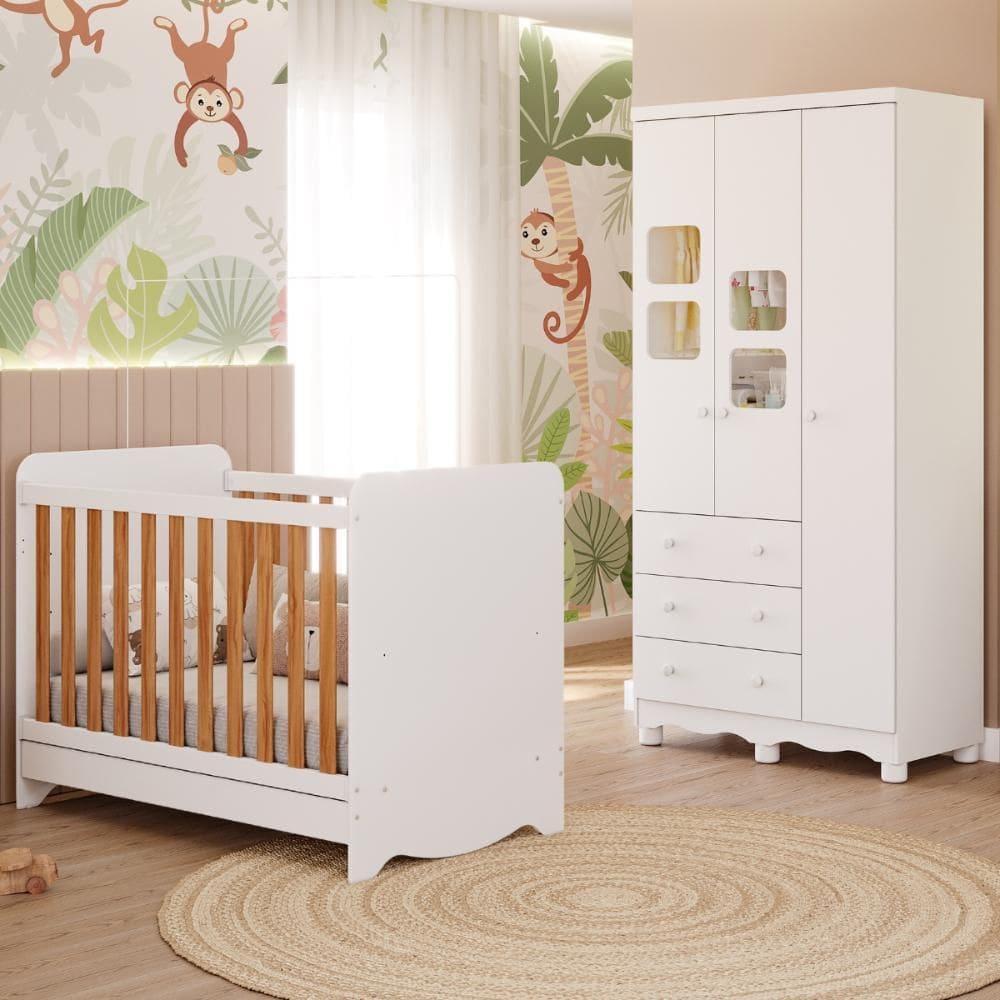 Quarto de Bebê Completo Berço Americano Ben 3 Em 1 Minicama Minisofa Guarda Roupa Uli 3 Portas 3 Gavetas 100%MDF Móveis Peroba