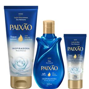 Kit Paixão Inspiradora Rosas Brancas Hidratante Corporal Bisnaga + Óleo Corporal + Creme para Mãos