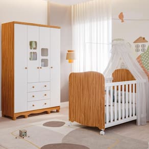 Quarto de Bebê Completo Uli com Guarda Roupa 4 Portas 3 Gavetas e Berço Americano 100%MDF Móveis Peroba
