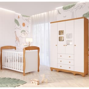 Quarto de Bebê Completo Berço Americano Marquesa 3 Em 1 Guarda Roupa Uli 4 Portas 3 Gavetas Branco Carvalho 100% MDF Móveis Peroba