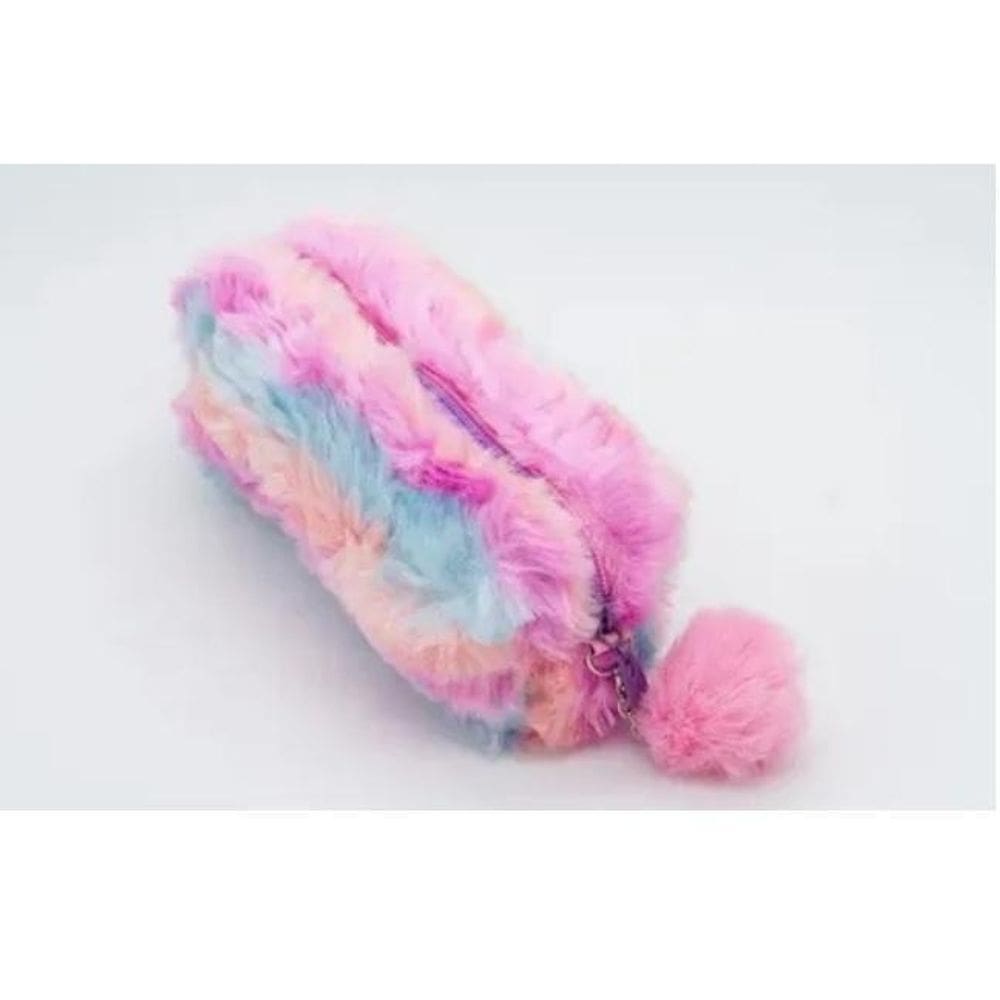 Estojo Escolar Pelúcia Fofo Com Chaveiro Pompom