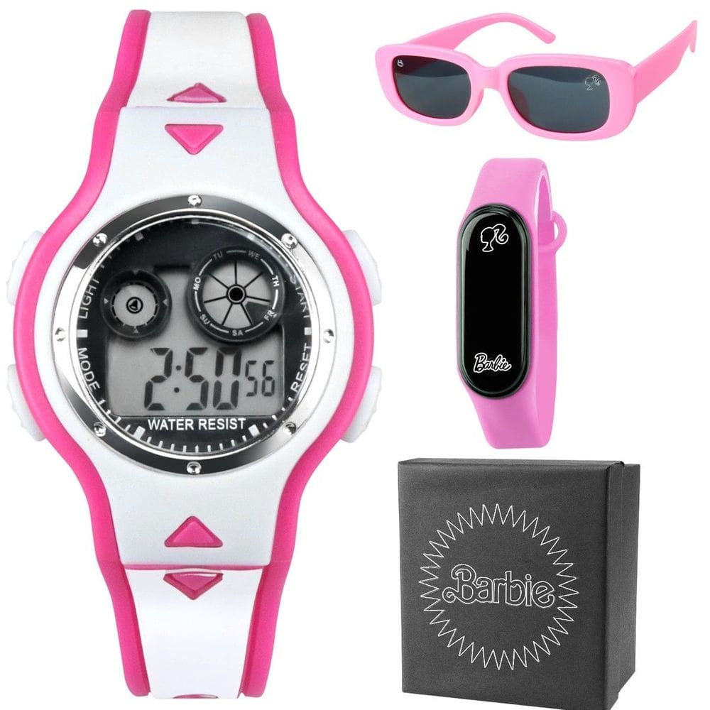 Relógio Infantil Digital Barbie Pulseira Silicone Ajustável + Óculos Sol + Caixa - Orizom