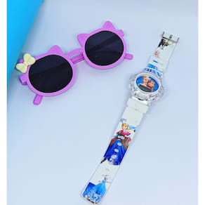 Kit Relógio Infantil Digital Pisca Luz Led Toca Musica Peppa Frozen + Óculos de Sol Menina Gatinho com Laço Tendência