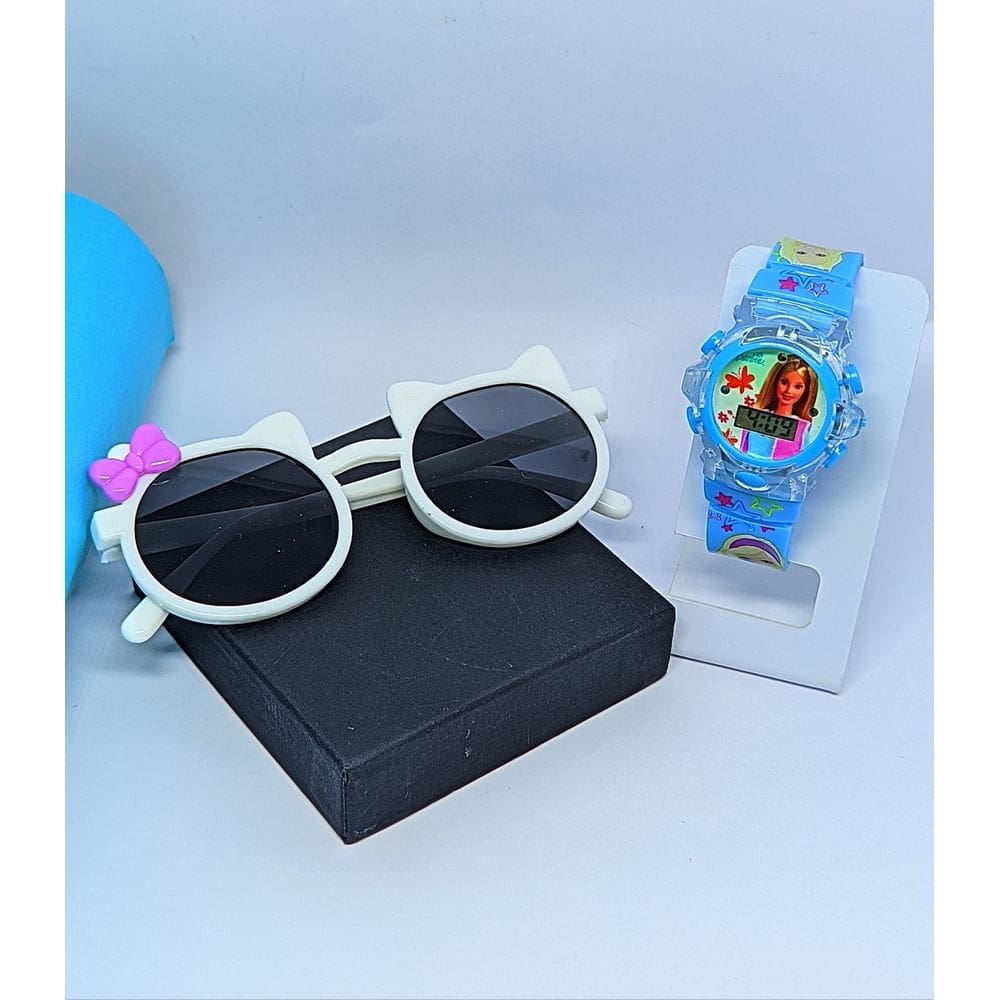 Kit Relógio Infantil Digital Pisca Luz Led Toca Musica Peppa Frozen + Óculos de Sol Menina Gatinho com Laço Tendência