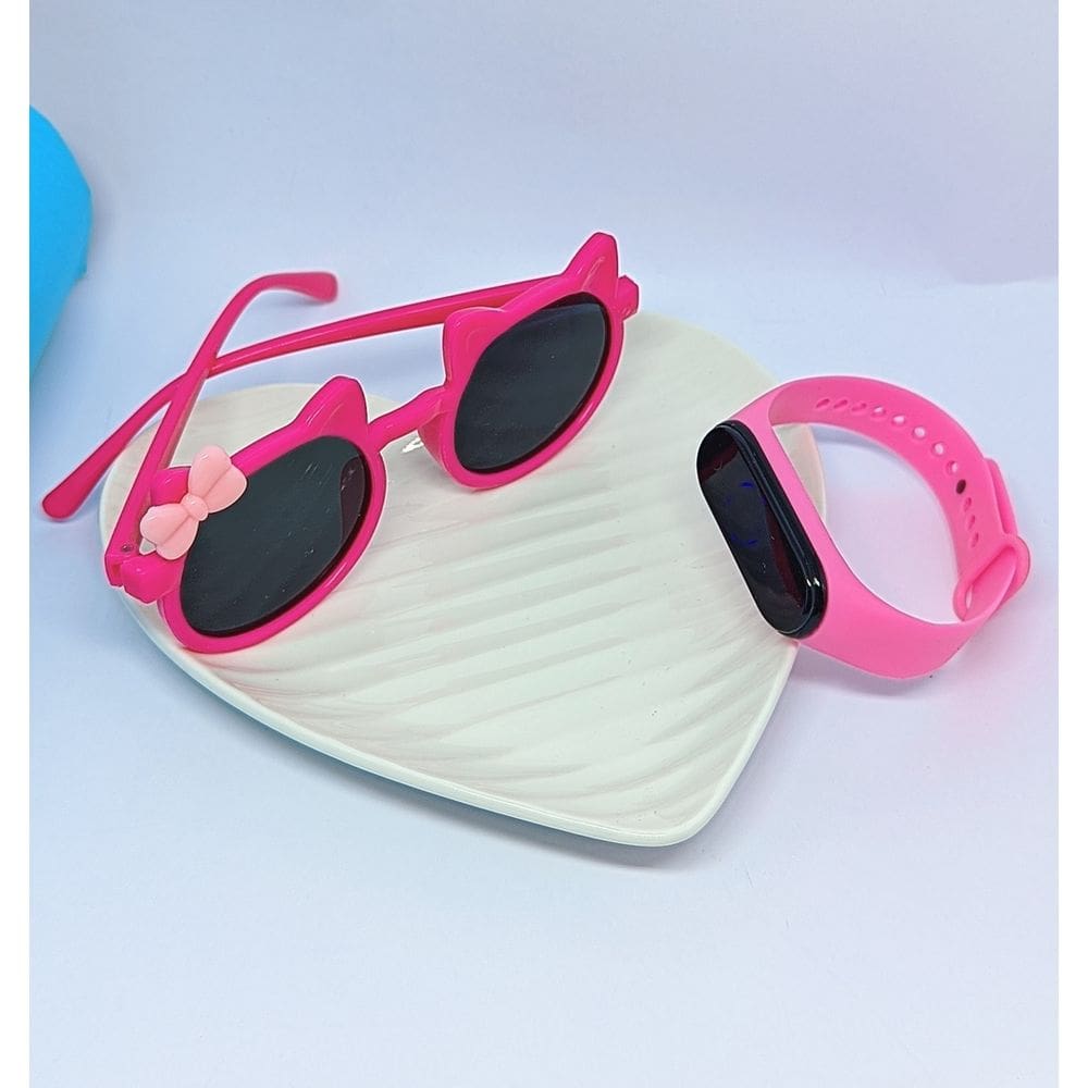 Kit Relógio Infantil Silicone Ajustável Prova água + Óculos de Sol Menina Gatinho Formato Gato com Laço Tendência