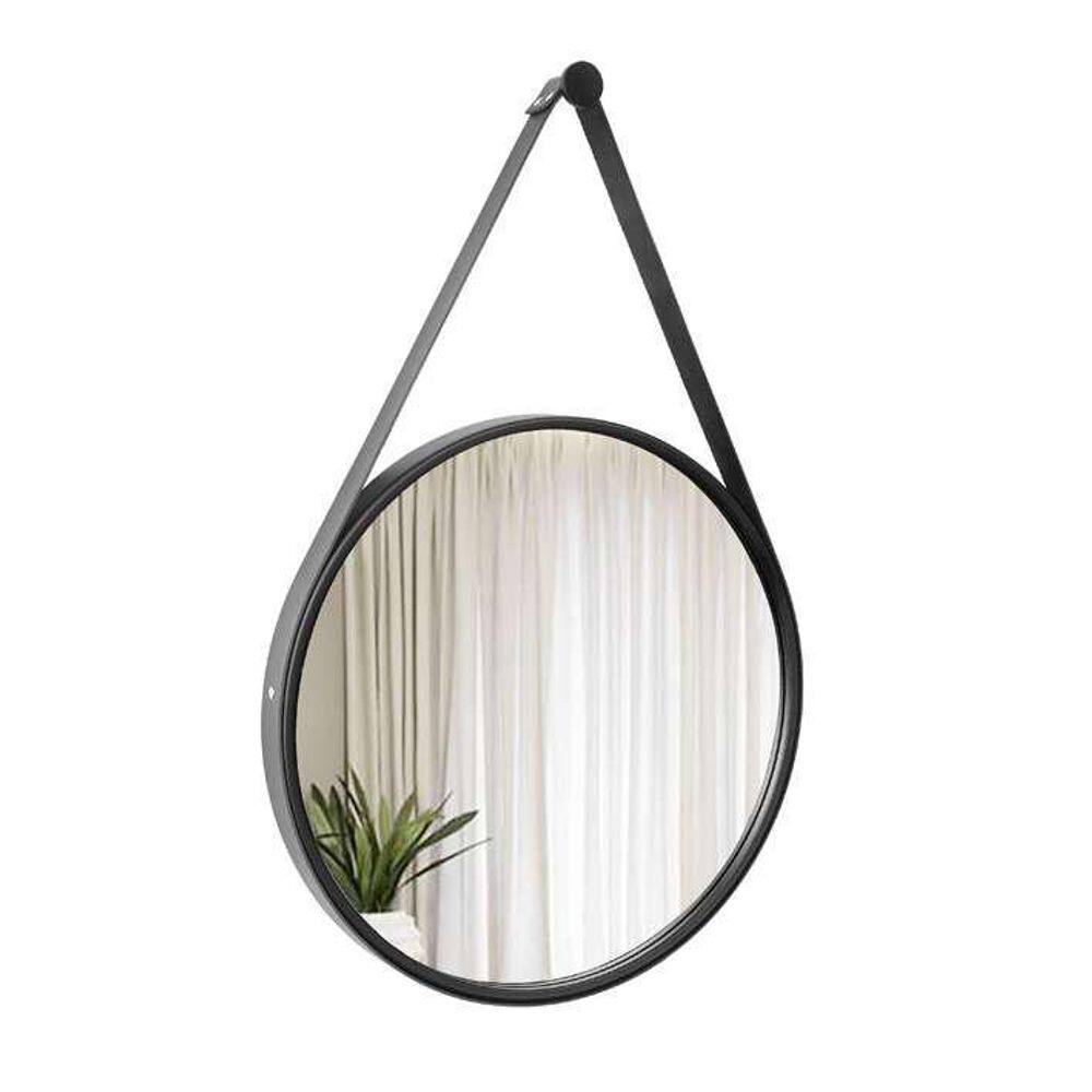 Espelho Adnet Preto Alça Corino Preta 60 Cm Redondo