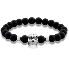Pulseira Masculina Pedras Vulcânicas Caveira Aço Preta