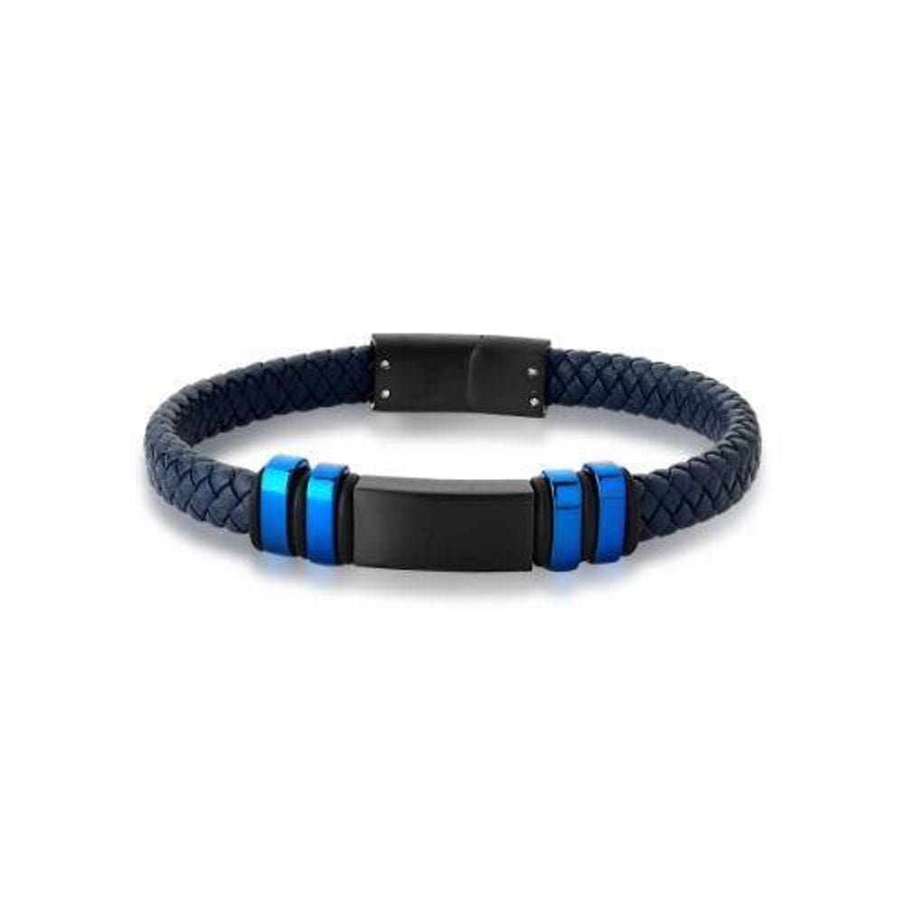 Pulseira Masculina Courino Trançado Azul E Placa Em Aço