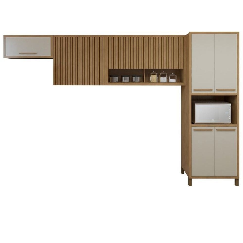 Cozinha Completa Torino com Paneleiro e 3 Armáreos Aéreos Cinamomo/Off White