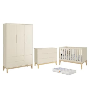 Dormitório Completo Infantil Classic 3 Portas, Cômoda 6 Gavetas, Berço com Pés Madeira Naturale Colchão D18 - Reller Móveis