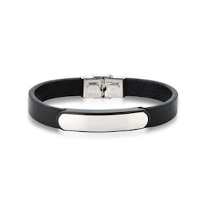 Pulseira Masculina Em Courino Preto Com Placa Lisa Em Aço