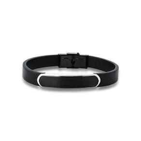 Pulseira Masculina Em Courino Preto Placa Lisa Em Aço Preto