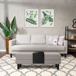 Conjunto Sofá 3 Lugares com Puff Baú 60cm e Bandeja Antúrio CabeCasa MadeiraMadeira Cinza