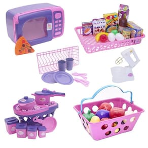 Kit Brinquedo Cozinha Eletro Panela Cesta Comida 46 Peças
