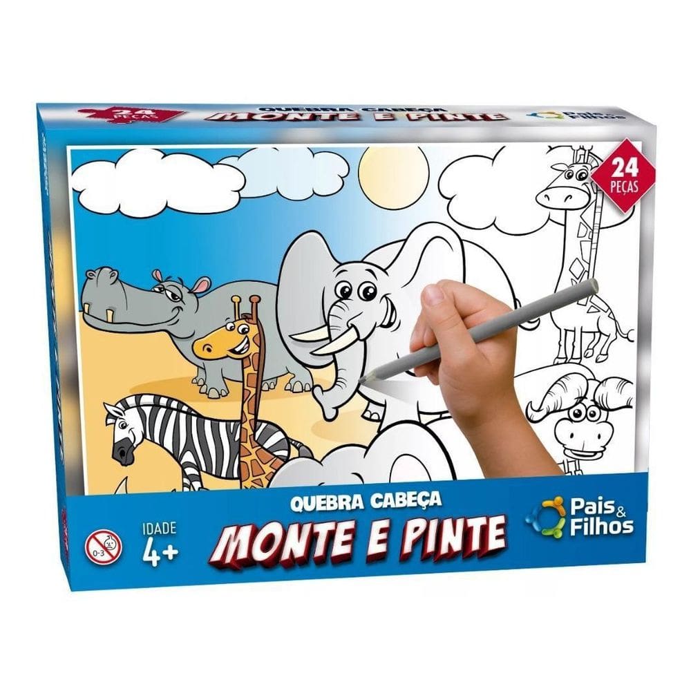 Quebra Cabeça Monte E Pinte 24 Pç Animais Safari Pais Filhos