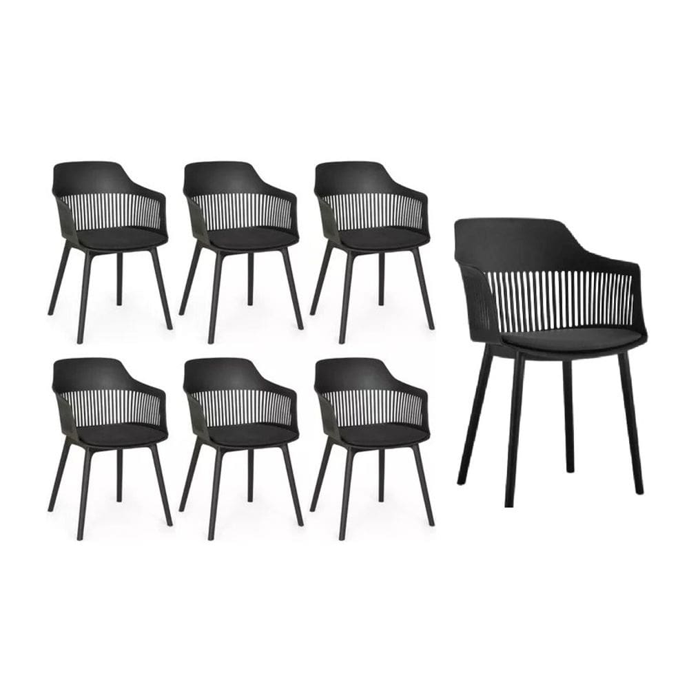 Kit 7 Cadeira Marcela Montreal Em Polipropileno Assento Estofado Preto