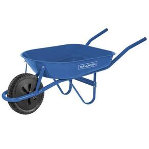 Carrinho De Mão Tramontina Com Caçamba Redonda Metálica Azul 50 L, Braço Metálico E Pneu Maciço